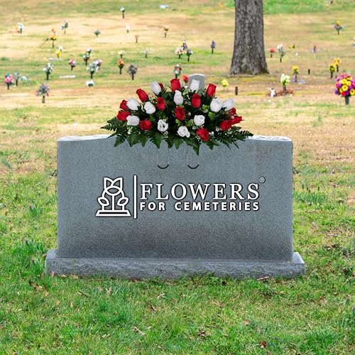 30" Headstone Flower Saddle Artificial Cemetery Flowers - Gravesite Flowers - Red and White Roses - color: Red and White Roses, size: (1) Saddle