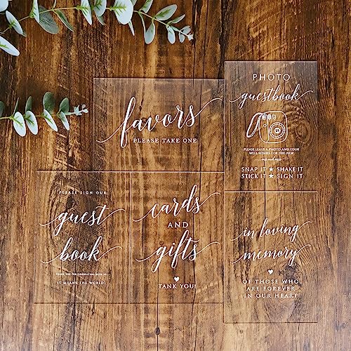 Acrylic Favors Sign for Wedding- 5x 7 Inch Glass Look Clear Favor Sign with Acrylic Stand, Cursive Font Wedding Signage for Reception & Party Event - size: 5" x 7" Favors Sign