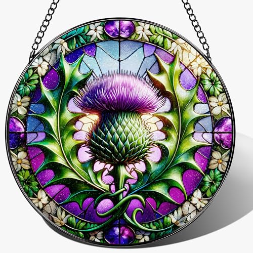 Stained Glass Window Hanging, 8 Inch Thistle Suncatcher, Sun Catchers Indoor Window, Windows Hanging Decor and Holiday, Christmas, Mother's Day, Birthday, Gifts for Mom, Grandma, Friend, Couple, Lover - color: Thistle