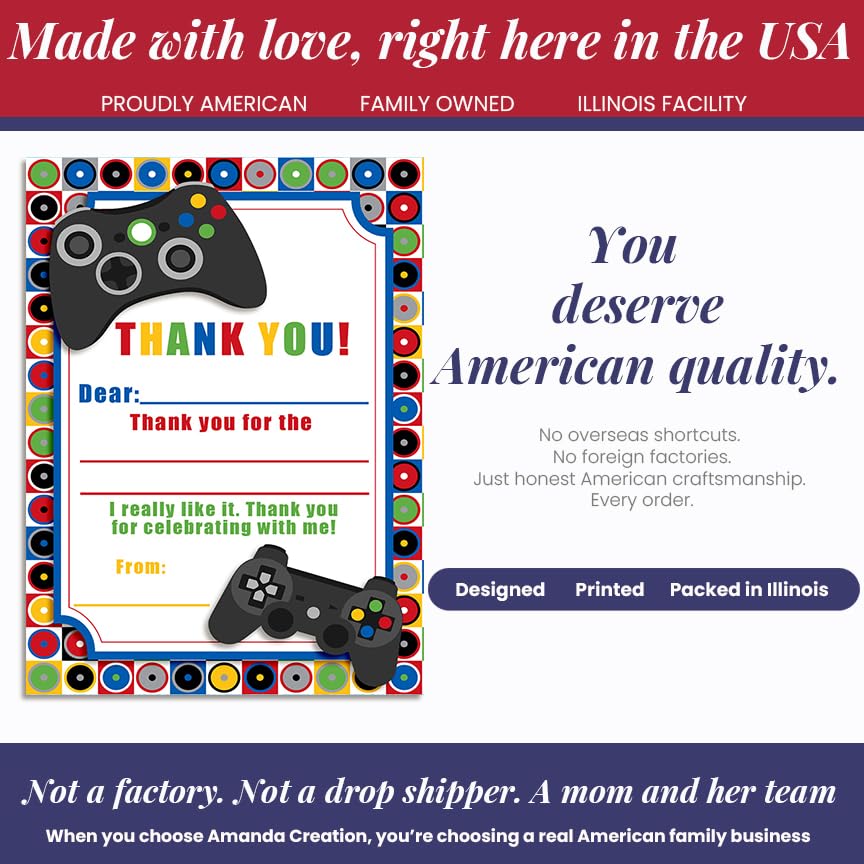 Amanda Creation Video Game Thank You Cards, 10 Pack 4x5.5 Kids Thank You Cards Fill in the Blank with White Envelopes, Game On Gamer Birthday Notes, Made in USA - style: Game On Video Gamer