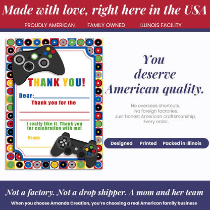 Amanda Creation Video Game Thank You Cards, 10 Pack 4x5.5 Kids Thank You Cards Fill in the Blank with White Envelopes, Game On Gamer Birthday Notes, Made in USA - style: Game On Video Gamer