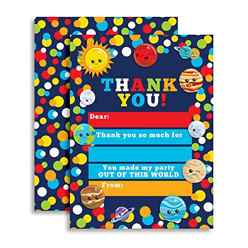 Outer Space Happy Planets Birthday Thank You Notes for Kids, Ten 4" x 5.5" Fill In the Blank Cards with 10 White Envelopes by AmandaCreation - style: Happy Planets
