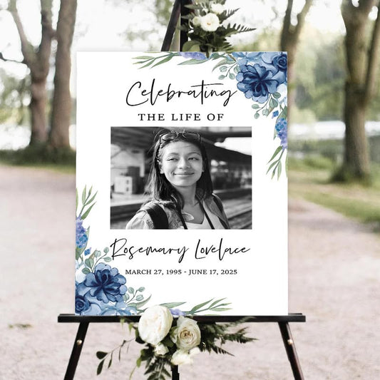 Funeral Welcome Sign with Photo, Memorial Picture Board, Celebration Of Life Decorations, Personalized Signs, In Loving Memory Sign, Dusty Blue Floral Funeral Decor - color: Style #12