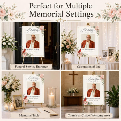 Custom Celebration of Life Sign with Photo, Floral Cardinal Design - color: Design 4