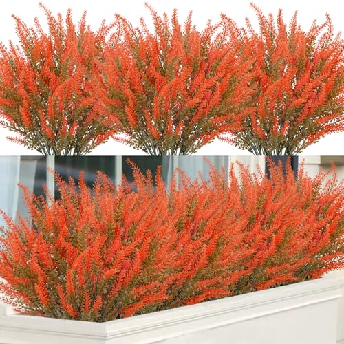 12 Pcs Artificial Lavender Fake Flowers for Outdoors, Orange | Vivid fall flowers, faux plastic plants, UV resistant, for autumn Thanksgiving home garden table centerpieces decor - color: Orange, size: 12 Bundles