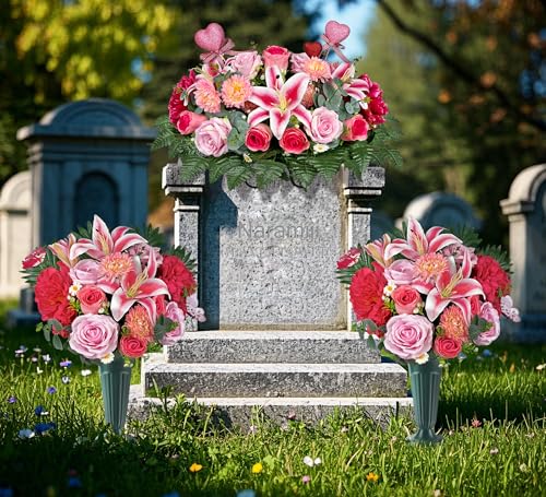 Cemetery Flowers Saddle and Headstone Flower Saddle -Pink Roses for Headstone Decorations, Sympathy & Memorial Tributes