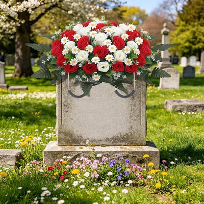 Wocst Headstone Flower Saddle,Large Artificial Cemetery Flowers for Grave Artificial Roses Daisy Saddle for Cemetery Headstone (Red) - color: Red