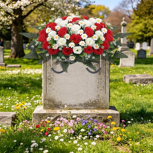 Wocst Headstone Flower Saddle,Large Artificial Cemetery Flowers for Grave Artificial Roses Daisy Saddle for Cemetery Headstone (Red) - color: Red