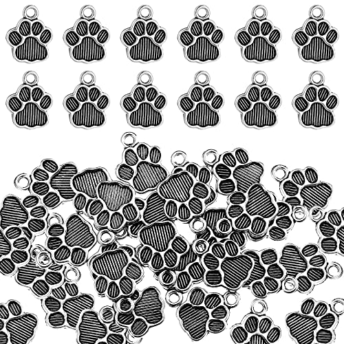 Junkin 120 Pieces Dog Paw Print Charms Animal Footprint Pendants 15x12 mm Metal Puppy Prints Charms for Jewelry Making DIY Necklace Bracelet(Ancient Silver)