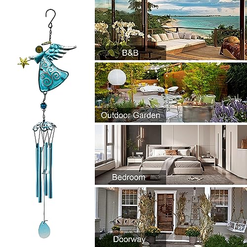 Angel Wind Chimes, 31.5” Angel Metal Wind Chimes for Outside with Metal Tubes & S Hook for Home Garden Decoration Christmas Decoration Hanging Ornament Wind Bell Gifts for Mom (Blue)