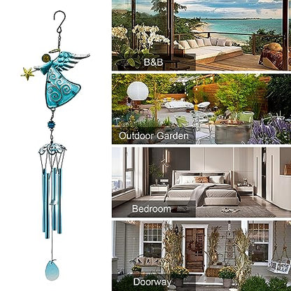 Angel Wind Chimes, 31.5” Angel Metal Wind Chimes for Outside with Metal Tubes & S Hook for Home Garden Decoration Christmas Decoration Hanging Ornament Wind Bell Gifts for Mom (Blue)