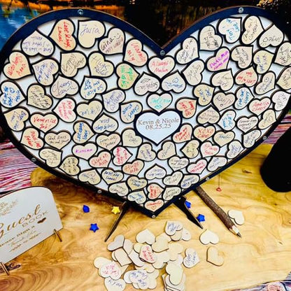 Wedding Guest Book Unique Wooden Heart Alternative GuestBook Bridal Shower Wedding Decoration with 83 Wooden Hearts 1 Sign Pen Set (Black) - color: Black