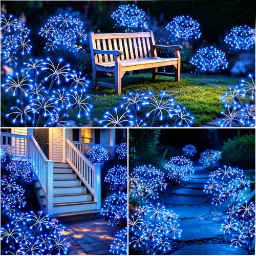 Solar Garden Lights Outdoor, 4 Pack 2-Layer Blue Fairy Firework Lights - color: Blue