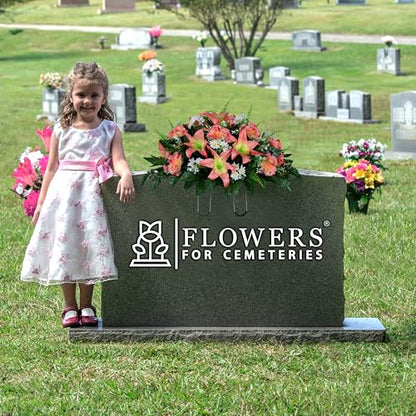 Sympathy Silks 30" Headstone Flower Saddle Artificial Cemetery Flowers - Gravesite Flowers - Peach Lily and Carnation with White Daisies - color: Peach, size: Saddle