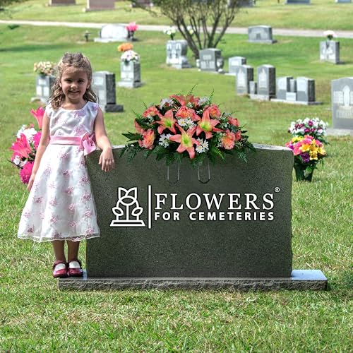 Sympathy Silks 30" Headstone Flower Saddle Artificial Cemetery Flowers - Gravesite Flowers - Peach Lily and Carnation with White Daisies - color: Peach, size: Saddle