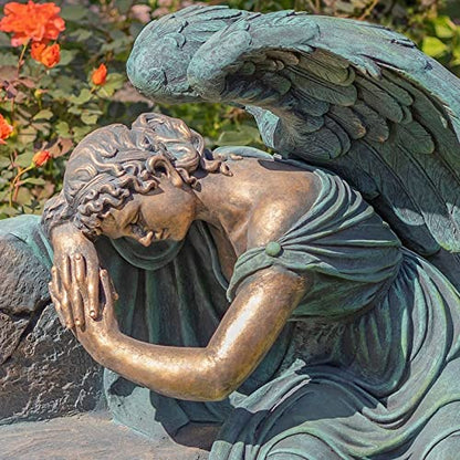 Zaer Ltd. Large Magnesium Angel Statues (Outdoor Safe) (35”T Napping On Bench Seraphina (Bronze Finish)) - size: 35"T Napping On Bench "Seraphina" (Bronze Finish)