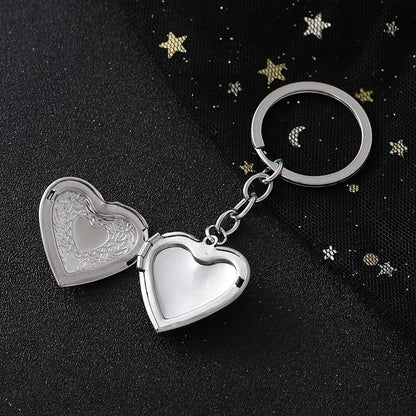 2PCS Elegant Heart Locket Keychain with Decorative Chain Stainless steel, Heart Pattern Design, Photo Frame Pendant - color: Heart-1