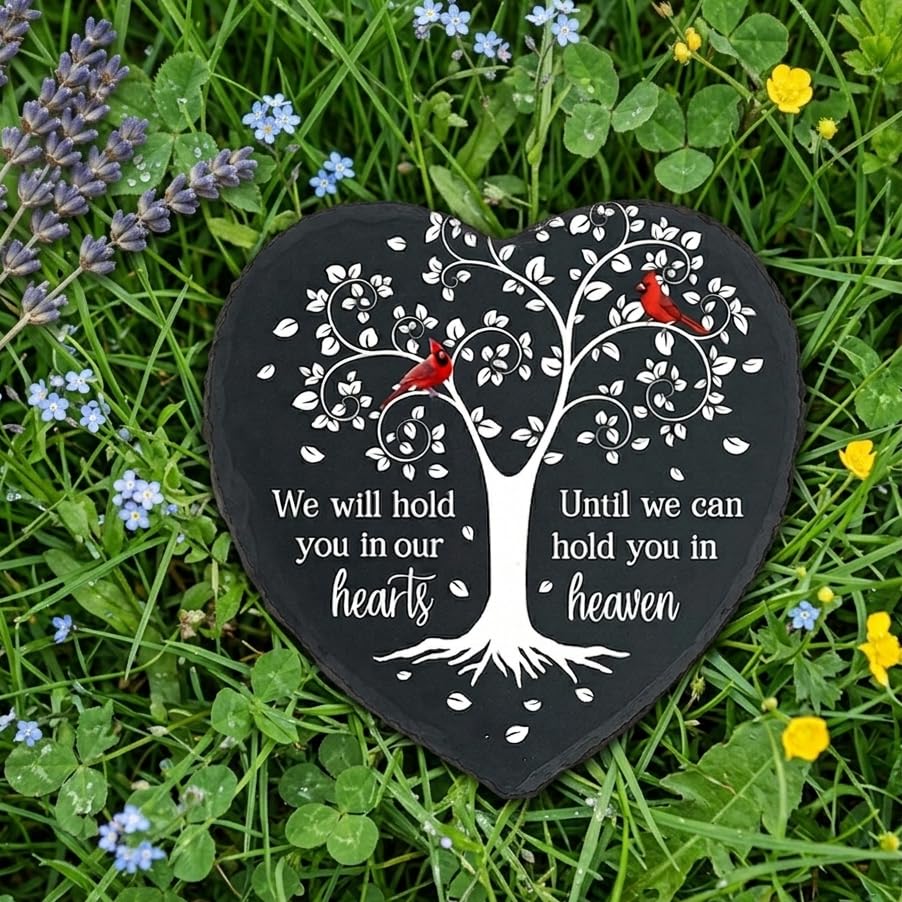 Cardinal Memorial Stone - Hold You in Our Hearts, Sympathy Gifts for Loss of Loved One, Memorial Gifts for Loss of Dad, Mom Garden Stone Slate Plaque