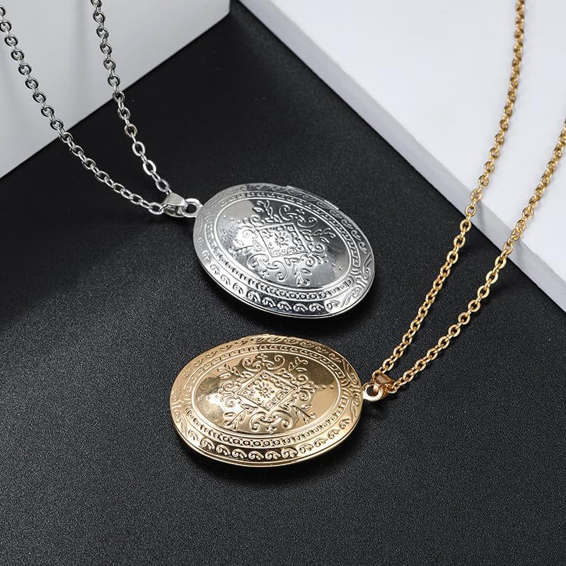 Locket Picture Pendant Heart Necklace,Retro Carved Flower Relief Pattern Oval Center Necklace Souvenir Memorial Clavicle Jewelry for Women - color: D silver oval