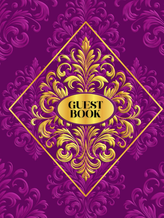 Luxury Purple and Gold Guest Book Damask Perfect for Weddings, Birthdays, Holidays, Receptions, Banquets, Funerals, Parties, Remembrances, Open ... for 5 guests, can record over 480 guests.