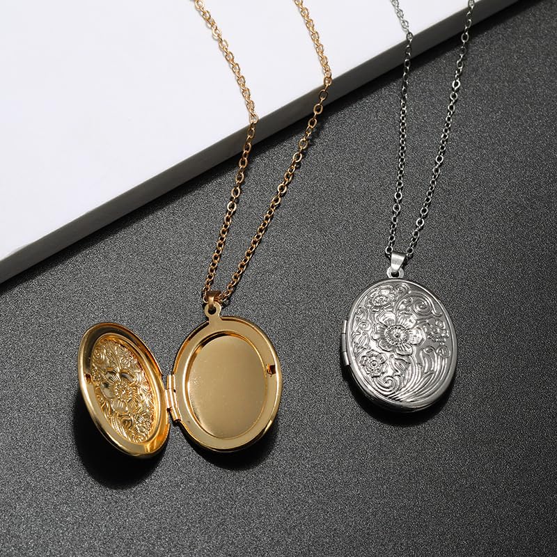 Locket Picture Pendant Heart Necklace,Retro Carved Flower Relief Pattern Oval Center Necklace Souvenir Memorial Clavicle Jewelry for Women - color: gold oval