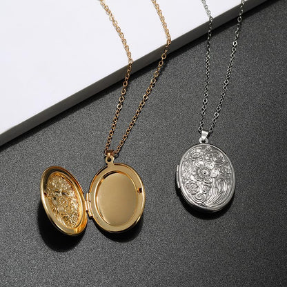 Locket Picture Pendant Heart Necklace,Retro Carved Flower Relief Pattern Oval Center Necklace Souvenir Memorial Clavicle Jewelry for Women - color: gold oval