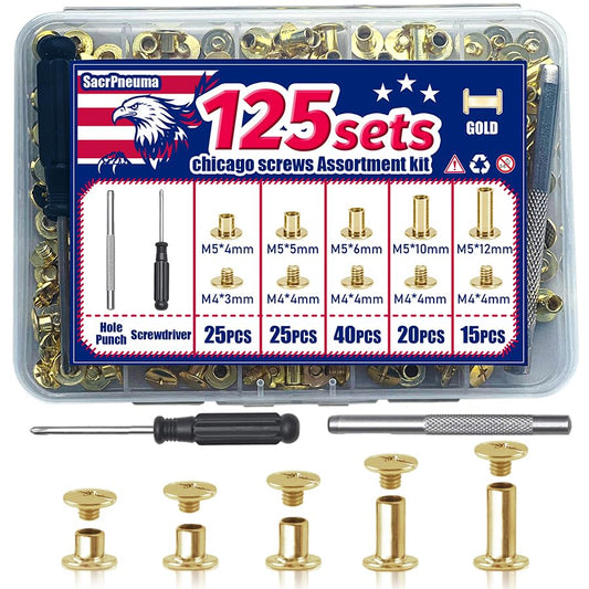 Chicago Screws for Leather, 125 Sets in 5 Core Sizes, Gold | Everyday screw rivets and binding posts for leather bags, belts, wallets, albums and bookbinding; punch and driver included - color: GOLD, size: 125 Sets