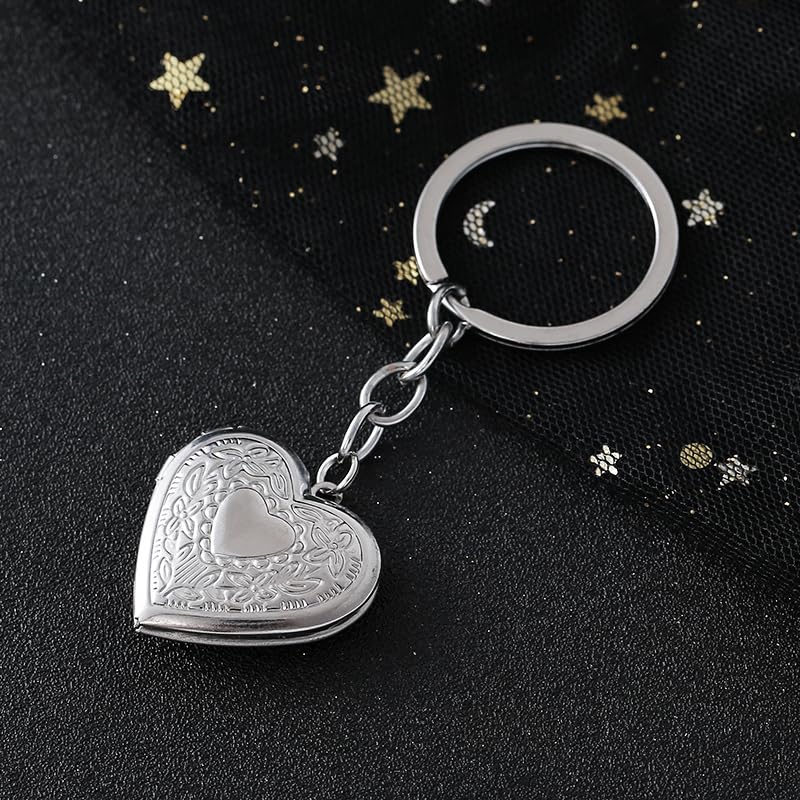 2PCS Elegant Heart Locket Keychain with Decorative Chain Stainless steel, Heart Pattern Design, Photo Frame Pendant - color: Heart-1