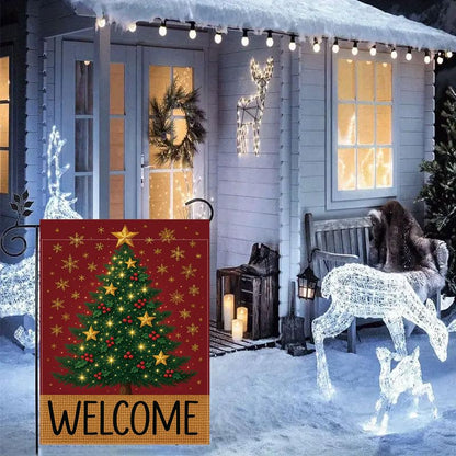 Merry Christmas Garden Flag 12x18 inches Welcome Sign Red, green, and gold Christmas tree with stars, holly berries, and snowflakes, designed for indoor and outdoor weather resistance, suitable for terraces, courtyards, decks, and holiday decorations.outd