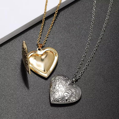 DIY Heart Locket Necklace with Engraved Floral Design, Openable Photo Frame Pendant for Women, Adjustable Chain for Layering（Silve） - color: Silver