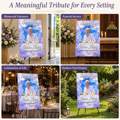 Personalized Funeral Memorial Sign with Photo and Heavenly Clouds - color: Design 3