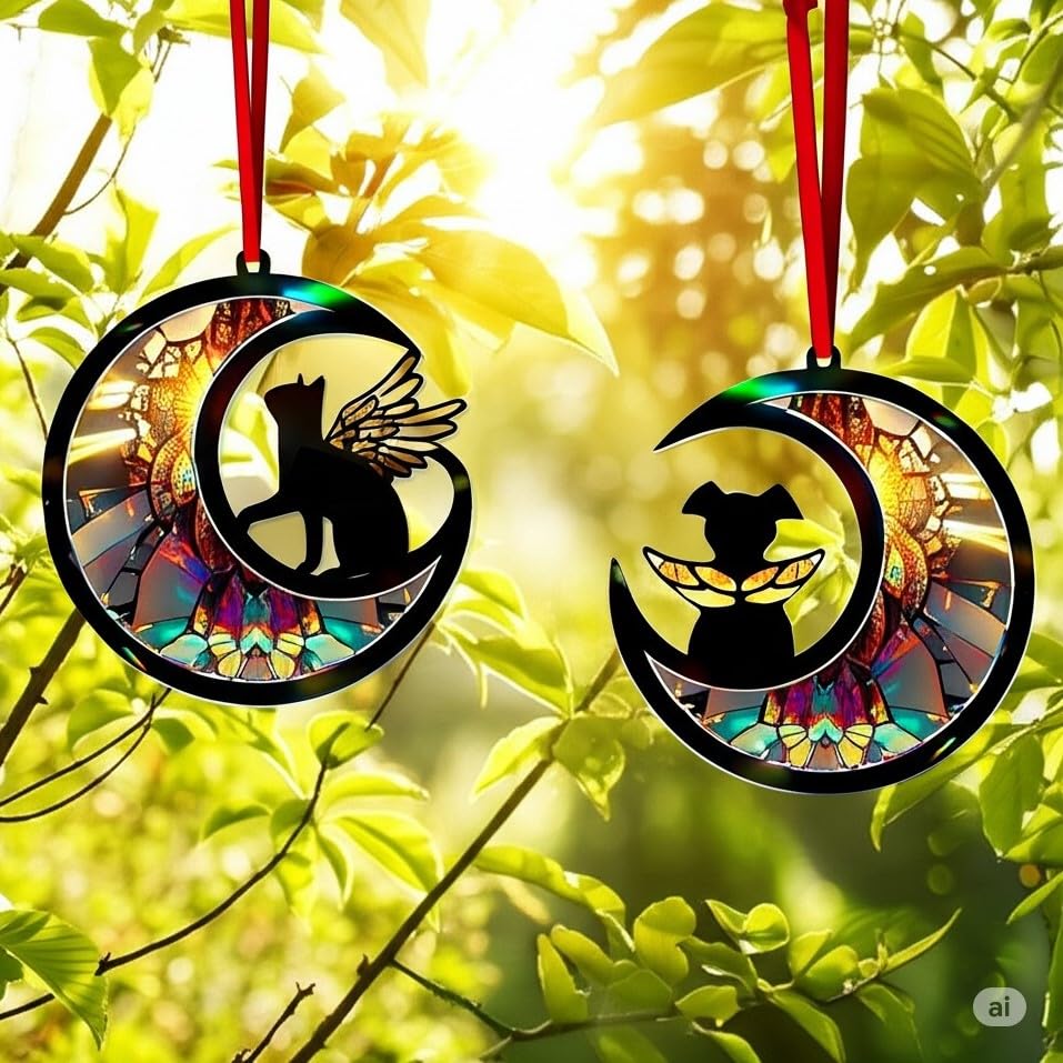 Dog Memorial Suncatcher – DIY Dog Angel Memorial Acrylic and Wood Ornament – Personalized Pet Loss Window Hanging – Sympathy Gift for Pet Lovers, Loss of Remembrance Gift, Wings on Moon