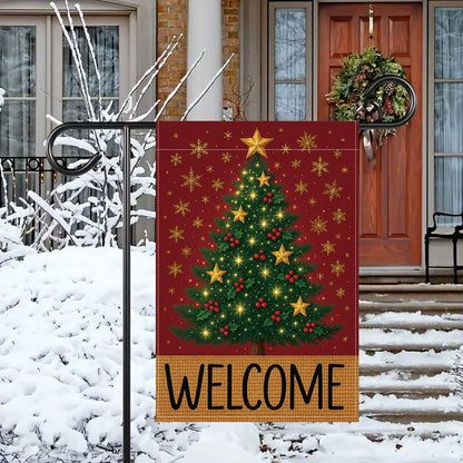 Merry Christmas Garden Flag 12x18 inches Welcome Sign Red, green, and gold Christmas tree with stars, holly berries, and snowflakes, designed for indoor and outdoor weather resistance, suitable for terraces, courtyards, decks, and holiday decorations.outd