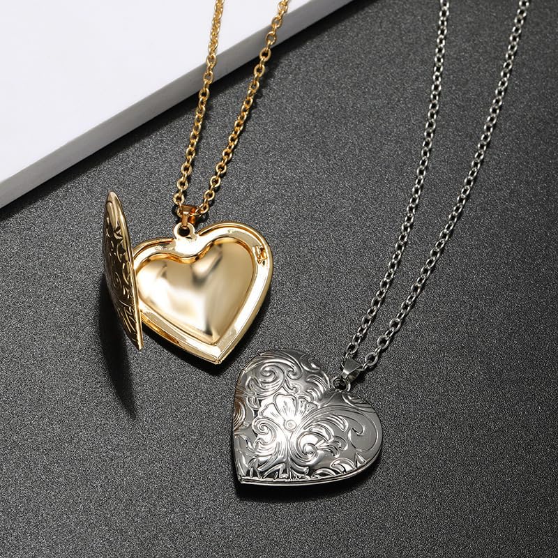 Locket Picture Pendant Heart Necklace,Retro Carved Flower Relief Pattern Oval Center Necklace Souvenir Memorial Clavicle Jewelry for Women - color: silver heart