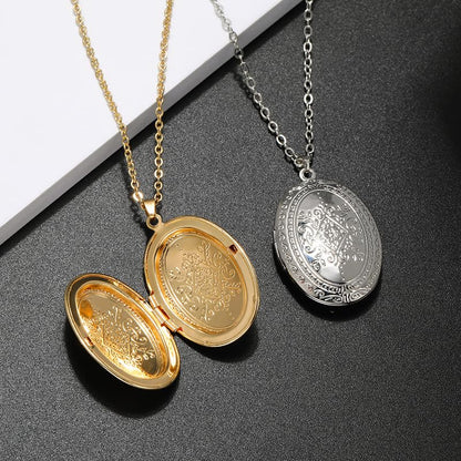 Locket Picture Pendant Heart Necklace,Retro Carved Flower Relief Pattern Oval Center Necklace Souvenir Memorial Clavicle Jewelry for Women - color: D silver oval