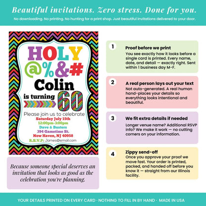 Custom Birthday Invitations 60th Birthday Invitation 30 5x7 Custom 60 Party Invitation Cards With Envelopes - Unique 60th Party Invitation Hilarious Holy &*$% Theme - style: Custom - 30 Pack