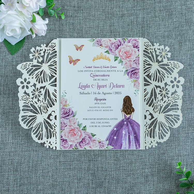 20 PCS Butterfly Quinceanera Invitation, Laser Cut Invitation Cards | 5.12x7.2" Purple Glitter Butterfly Quinceanera Invitation with Envelopes for XV Anos Bridal Shower Baby Shower Invite - color: Purple Glitter