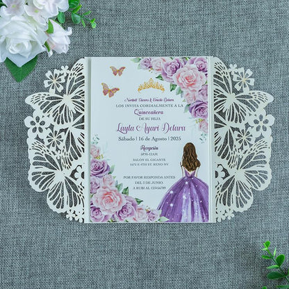 20 PCS Butterfly Quinceanera Invitation, Laser Cut Invitation Cards | 5.12x7.2" Purple Glitter Butterfly Quinceanera Invitation with Envelopes for XV Anos Bridal Shower Baby Shower Invite - color: Purple Glitter
