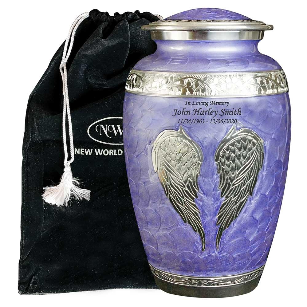 Purple Angel Wings Funeral Cremation Urn with Personalization, Matching Keepsake and Velvet Bag - color: Lilac, size: Large