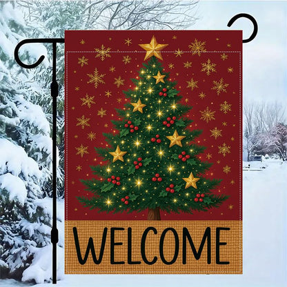 Merry Christmas Garden Flag 12x18 inches Welcome Sign Red, green, and gold Christmas tree with stars, holly berries, and snowflakes, designed for indoor and outdoor weather resistance, suitable for terraces, courtyards, decks, and holiday decorations.outd