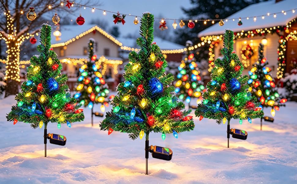 Windpnn 2Pack Solar Christmas Tree Lights Outdoor Decorations, with 40 Strawberry Lights Waterproof Pathway Lights for Garden Patio Yard Cemetery Decor