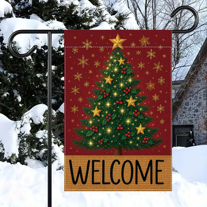 Merry Christmas Garden Flag 12x18 inches Welcome Sign Red, green, and gold Christmas tree with stars, holly berries, and snowflakes, designed for indoor and outdoor weather resistance, suitable for terraces, courtyards, decks, and holiday decorations.outd
