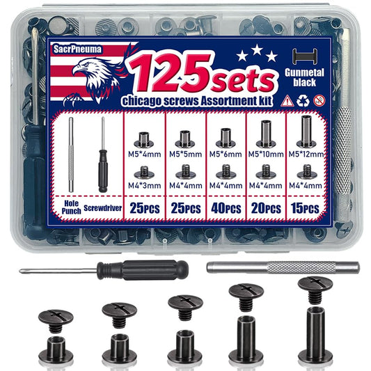 Chicago Screws for Leather,125 Sets in 5 Core Sizes, Gunmetal Black | Everyday screw rivets and binding posts for leather bags, belts, wallets, albums and bookbinding; punch and driver included - color: Gunmetal Black, size: 125 Sets
