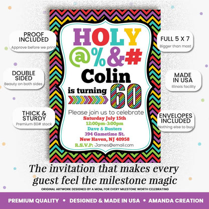 Custom Birthday Invitations 60th Birthday Invitation 20 5x7 Custom 60 Party Invitation Cards With Envelopes - Unique 60th Party Invitation Hilarious Holy &*$% Theme - style: Custom - 20 Pack