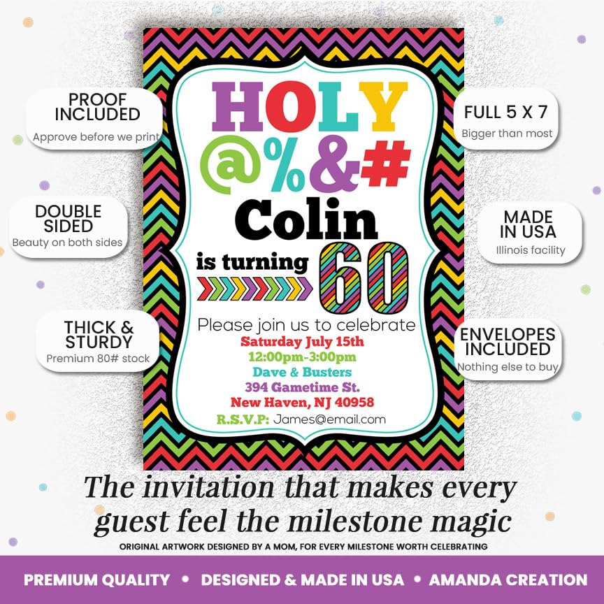 Custom Birthday Invitations 60th Birthday Invitation 30 5x7 Custom 60 Party Invitation Cards With Envelopes - Unique 60th Party Invitation Hilarious Holy &*$% Theme - style: Custom - 30 Pack