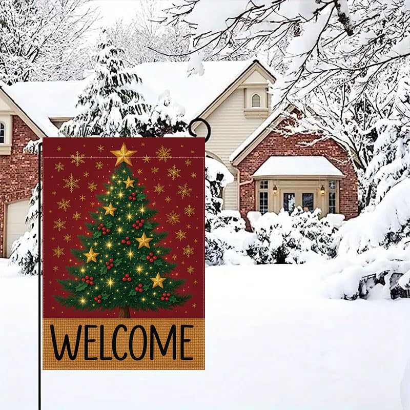 Merry Christmas Garden Flag 12x18 inches Welcome Sign Red, green, and gold Christmas tree with stars, holly berries, and snowflakes, designed for indoor and outdoor weather resistance, suitable for terraces, courtyards, decks, and holiday decorations.outd