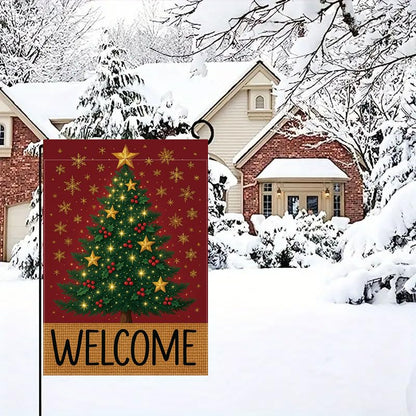 Merry Christmas Garden Flag 12x18 inches Welcome Sign Red, green, and gold Christmas tree with stars, holly berries, and snowflakes, designed for indoor and outdoor weather resistance, suitable for terraces, courtyards, decks, and holiday decorations.outd