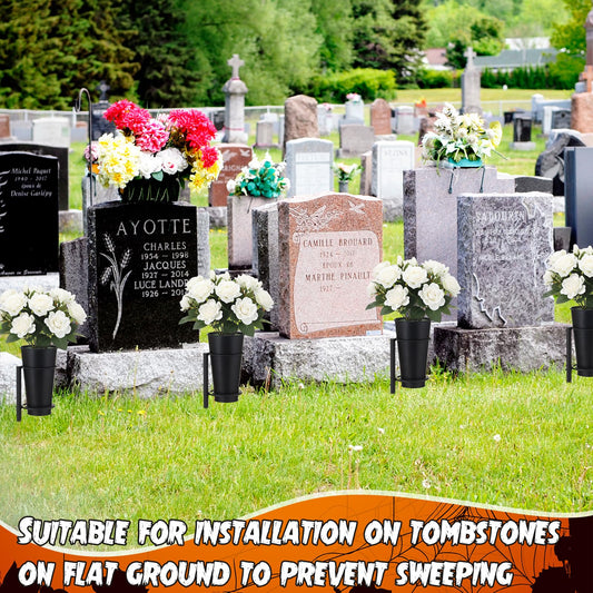 2 Sets Metal Cemetery Flower Vase with Stake for Grave, Flower Holder in Base Graveyard Vase with Floral Foam for Grave Decoration, Black